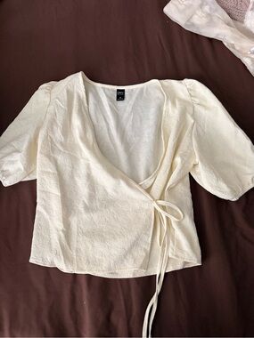 Cream Wrap Blouse with Puff Sleeves
